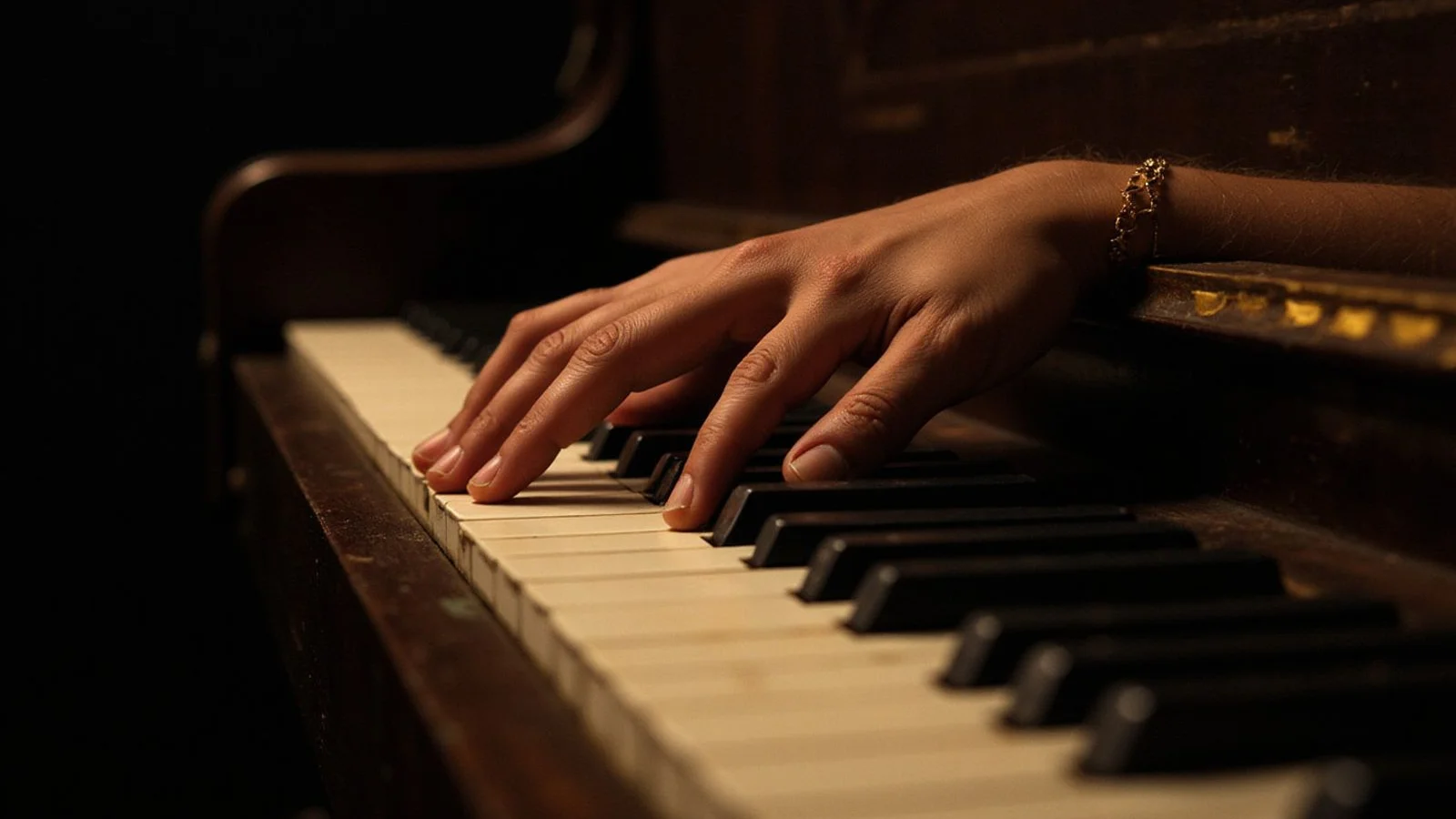 An adult hand resting on the keys of an upright piano under warm gold-toned side light