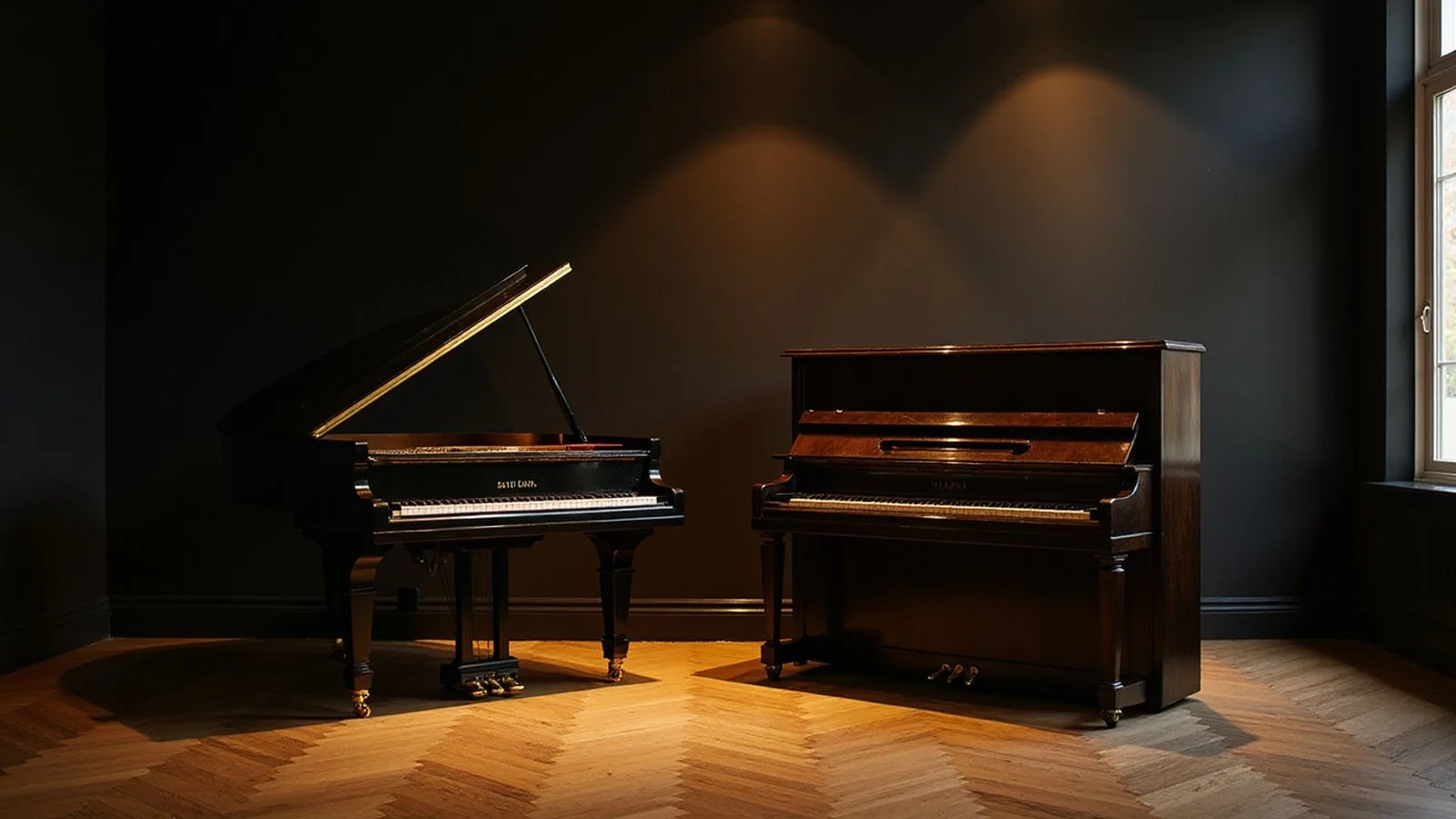 A baby grand piano set beside an upright in the Keys & Co. showroom