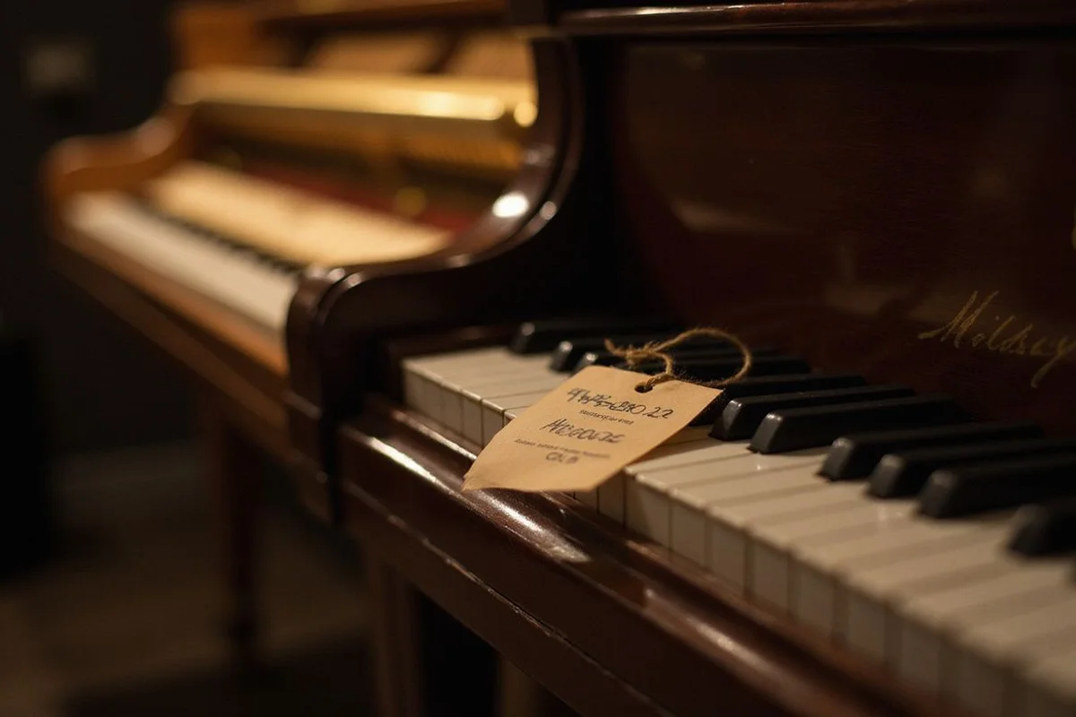 Close-up of a baby grand piano price ticket