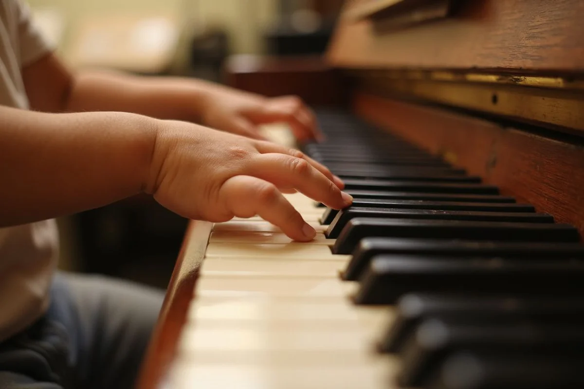 A child's hands playing a simple scale on piano keys