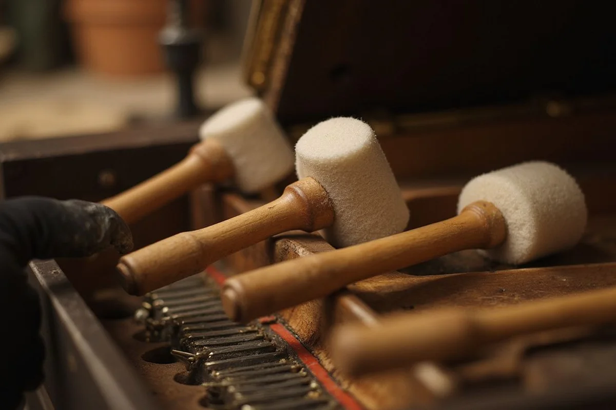 New hammer shanks being fitted to an upright piano action