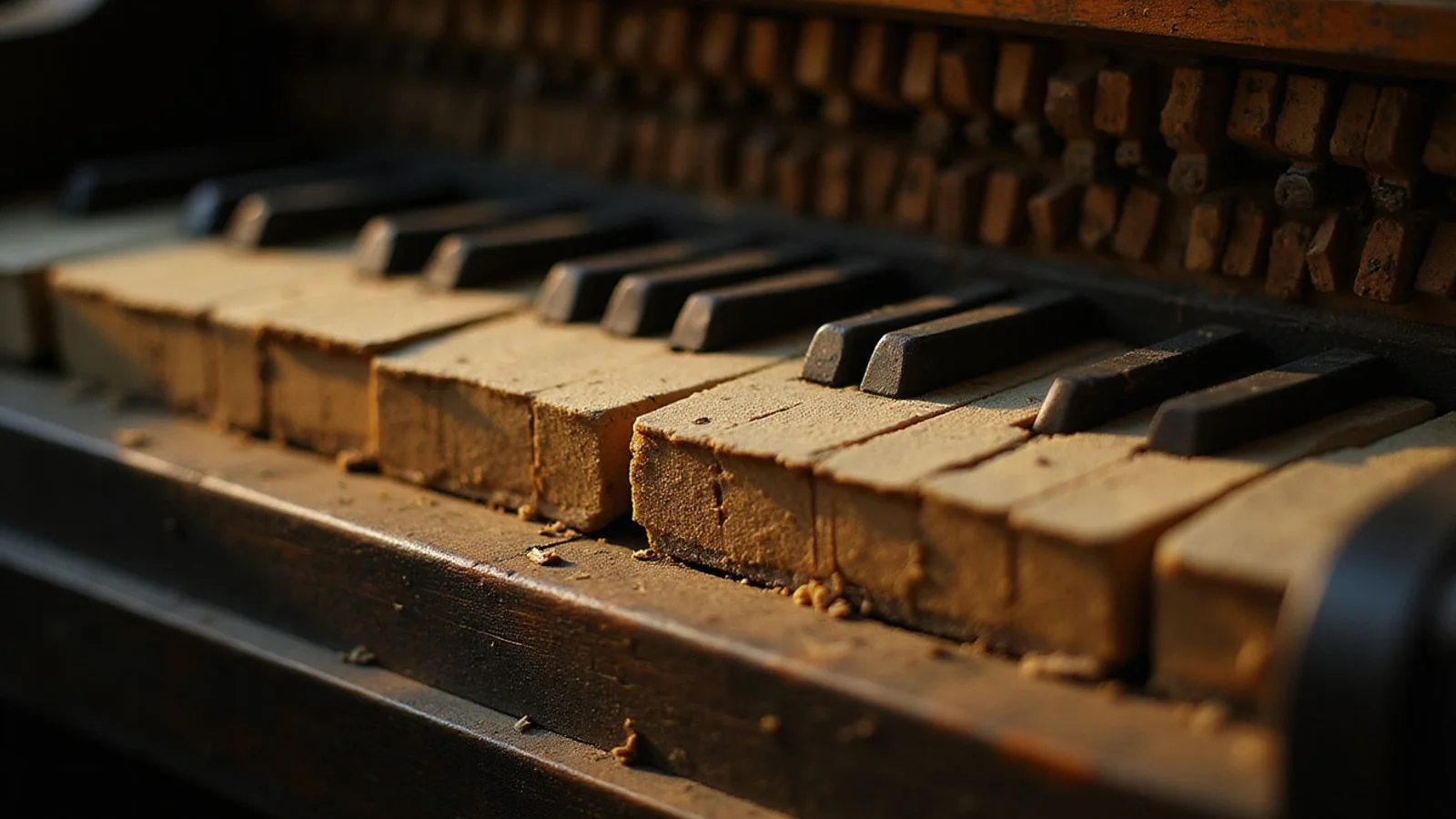 Close-up of a vintage piano action with visible wear
