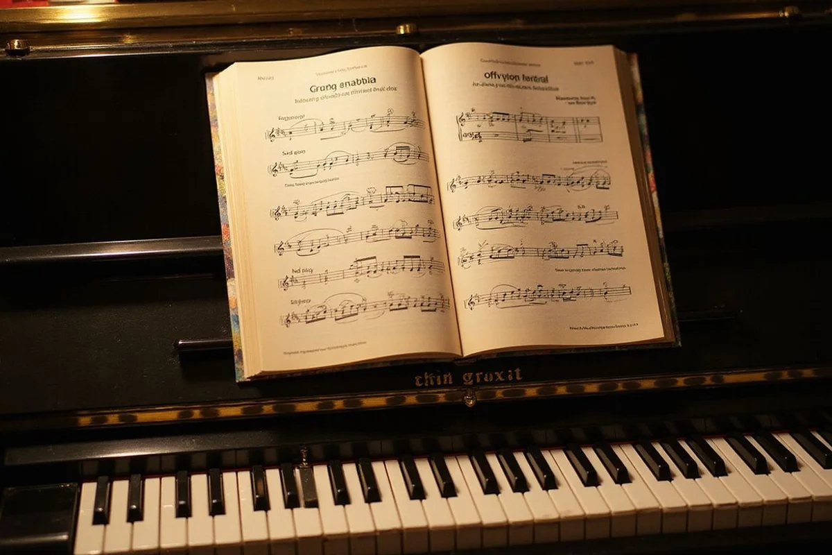 A compact upright with a child's exercise books on the music stand