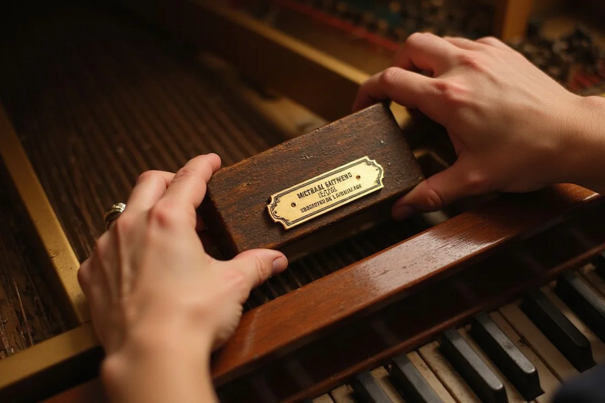 Hands lifting an upright piano lid to reveal the internal serial plate