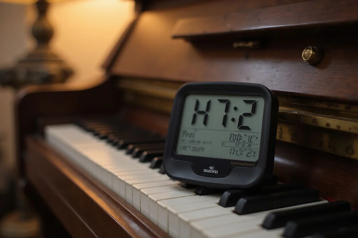 A hygrometer beside a piano showing a humidity reading