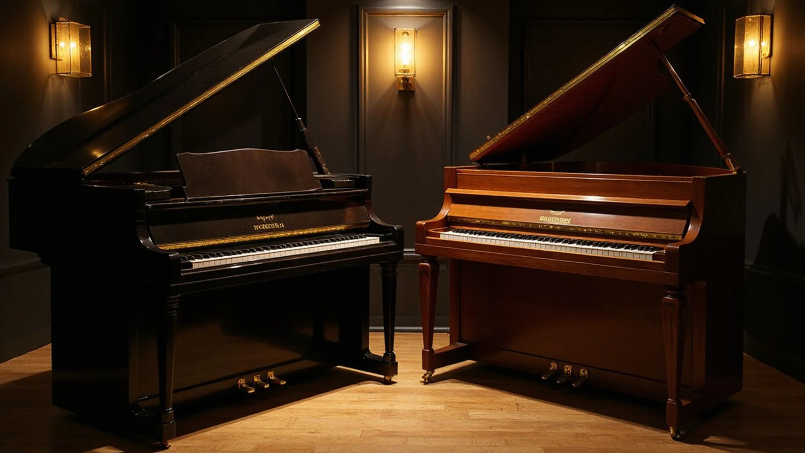 A new Yamaha upright and restored Kemble side by side in the showroom