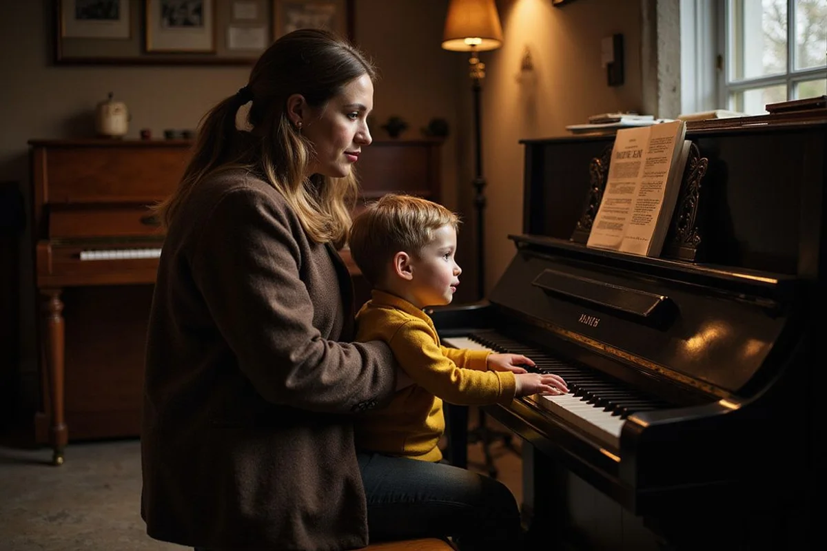 A parent and child playing an upright piano together in a quiet showroom