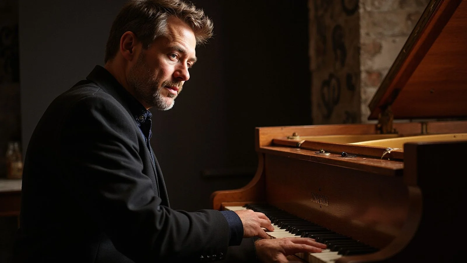 A pianist pausing mid-piece with a concerned expression