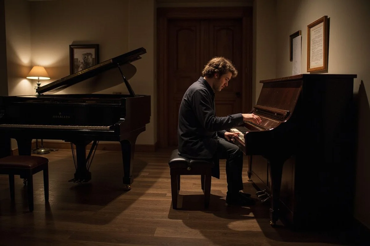 Pianist comparing two pianos in a private viewing room