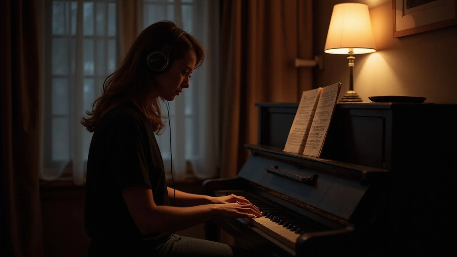 A pianist in headphones practising at an upright piano at night