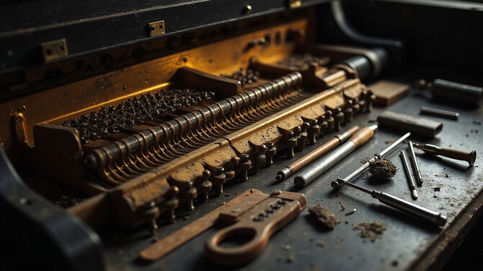 A piano action stripped and laid out on the workshop bench