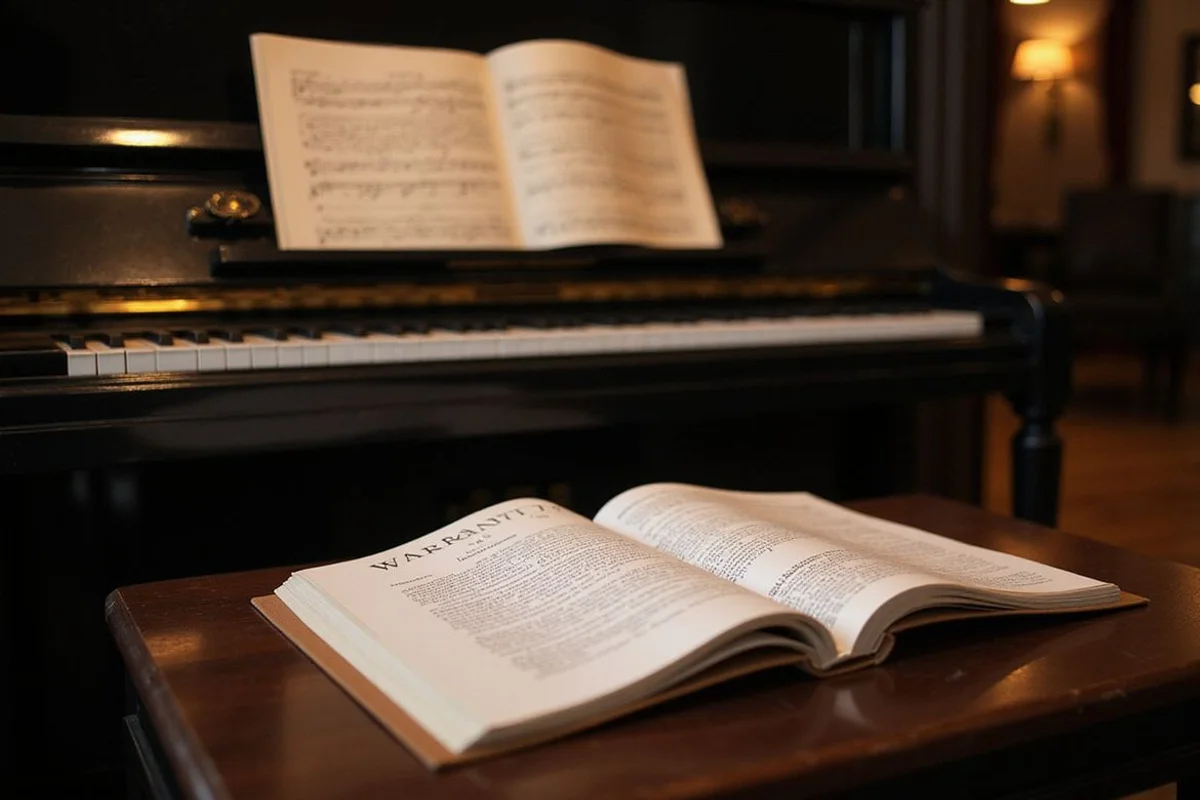 Piano bench and warranty documentation on the showroom floor