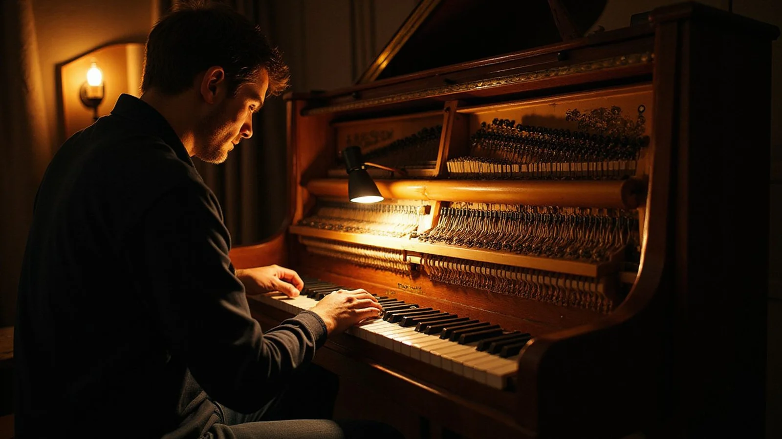 James inspecting the rear of an upright piano with a torch