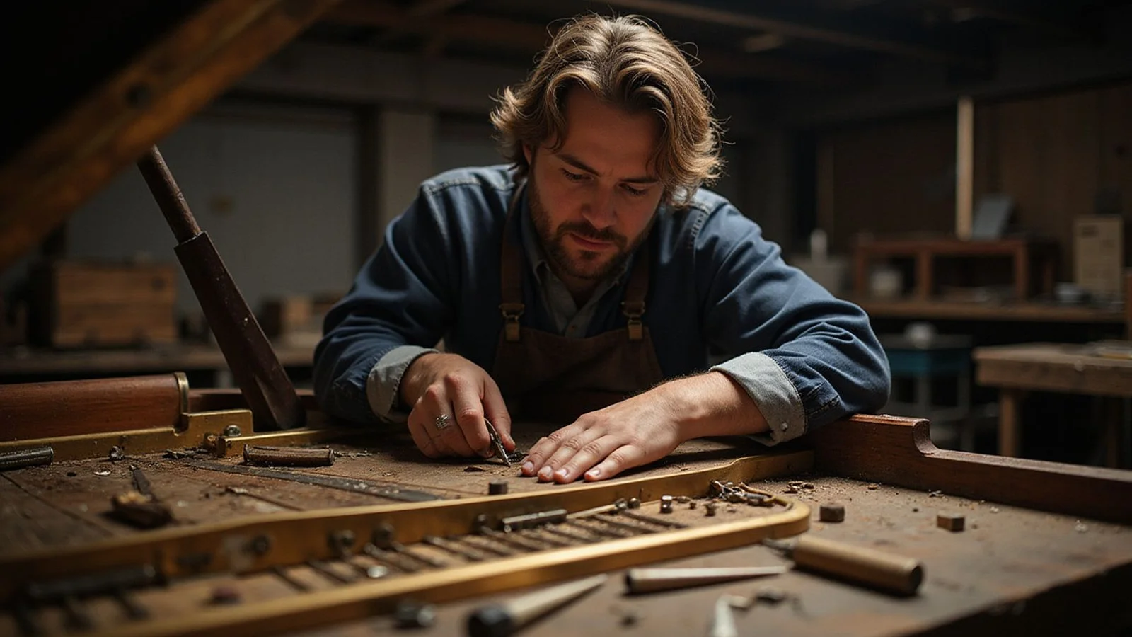 James Whitmore working on an upright piano action on the Keys & Co. workbench