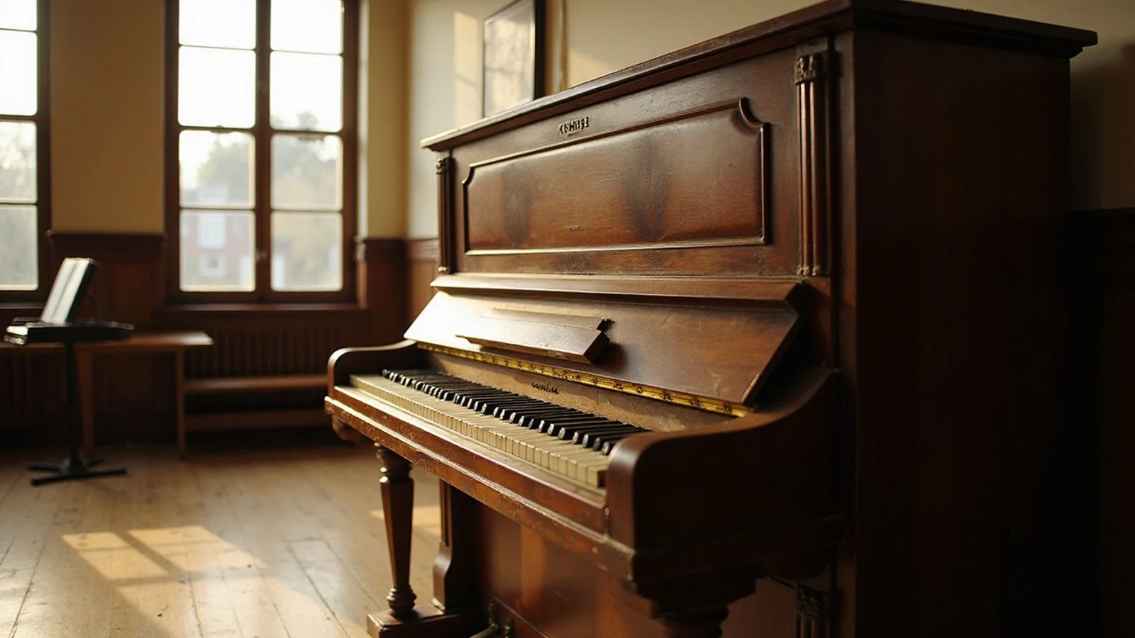 A restored Kemble upright piano in a school music room