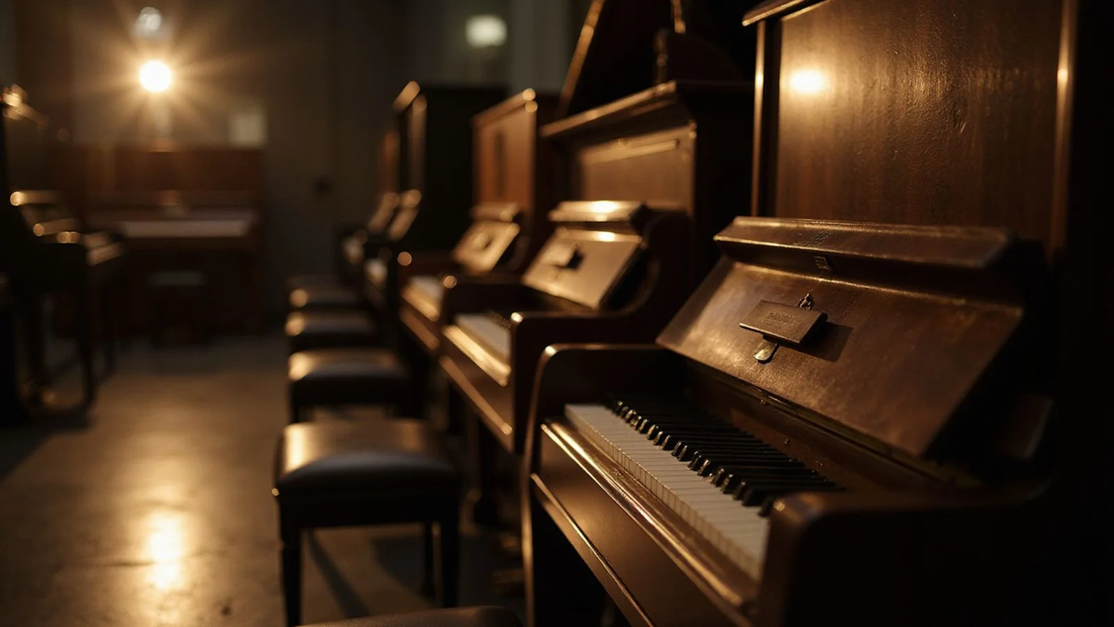 A row of new upright pianos in the Keys & Co. Harrogate showroom