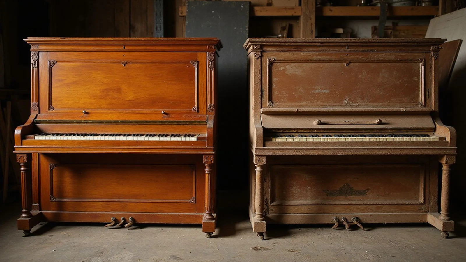 A restored upright and a refurbished upright side by side in the workshop
