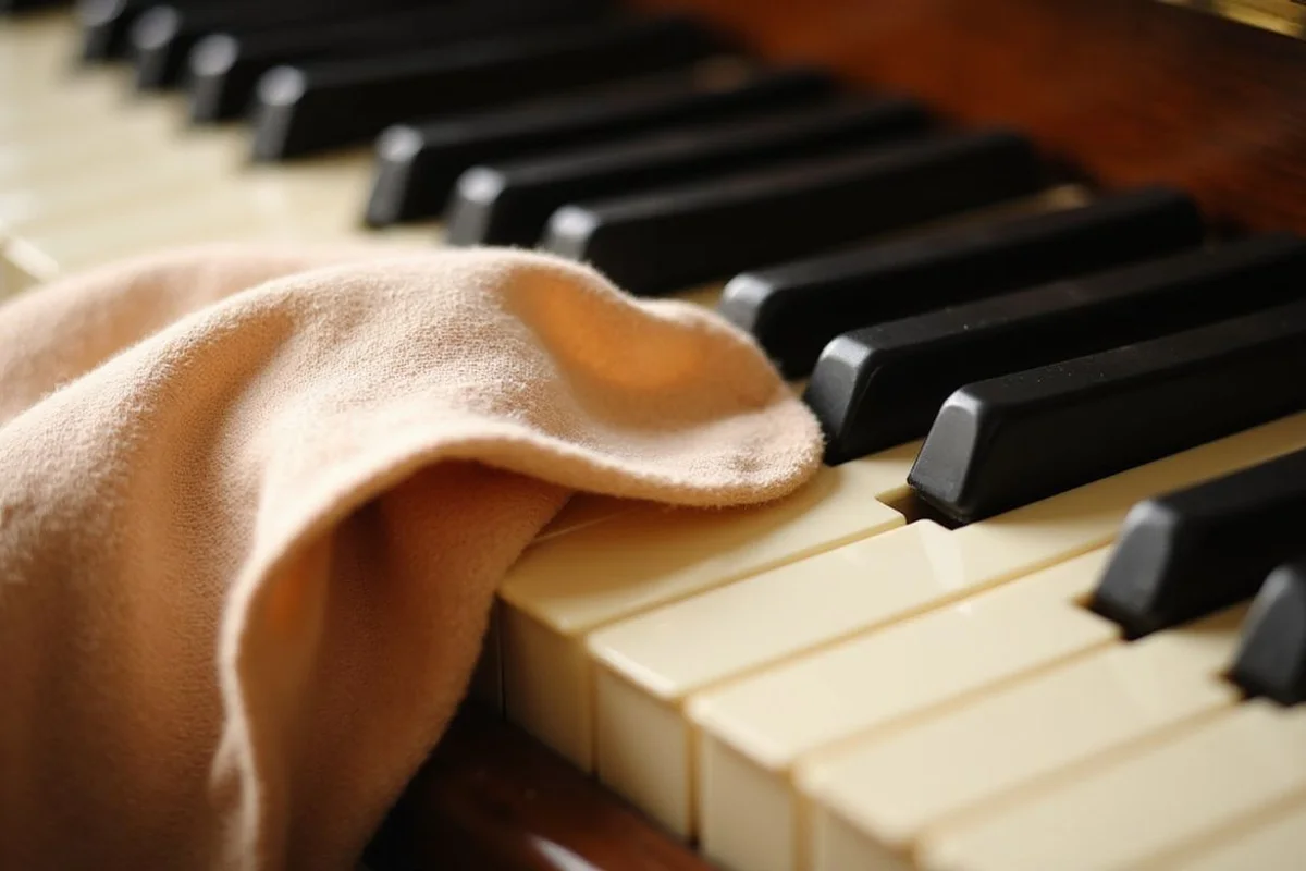 A soft cloth cleaning ivory piano keys under warm light