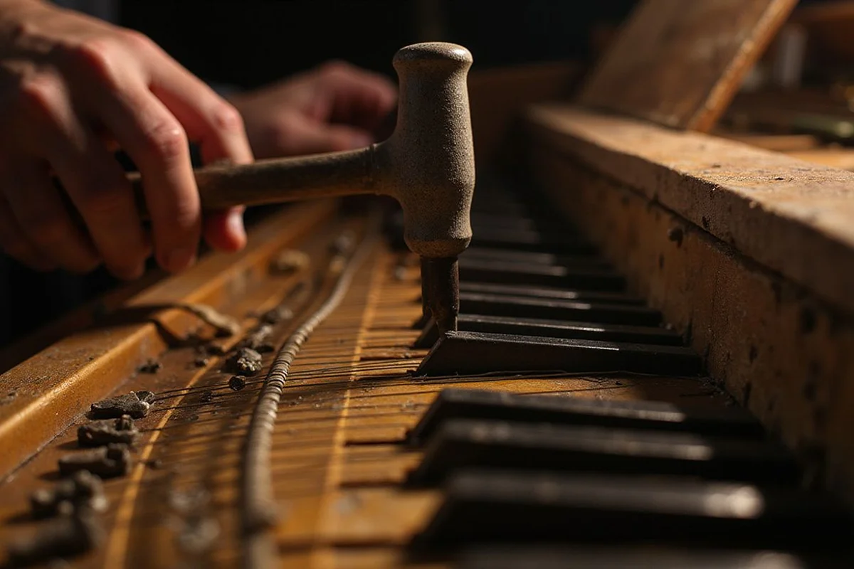 Examining a loose tuning pin with a tuning hammer
