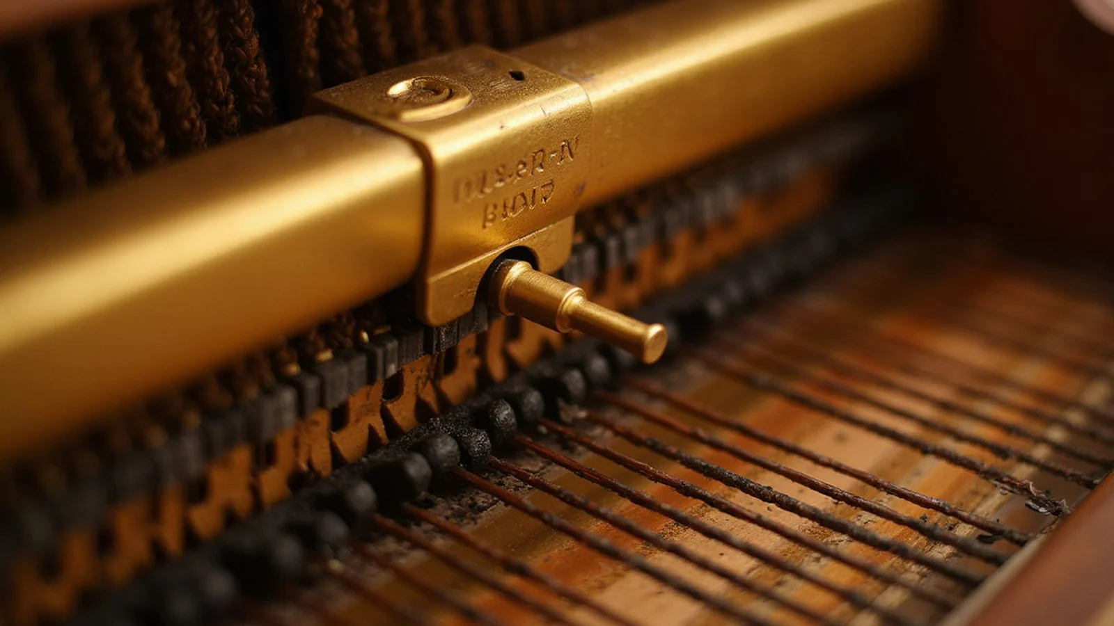 A tuning hammer turning a tuning pin inside an upright piano
