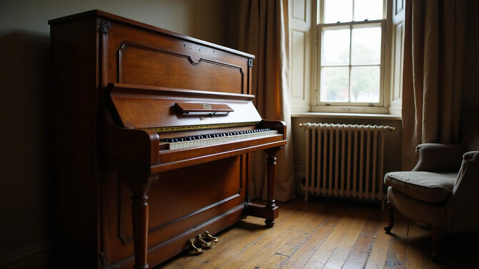 An upright piano in a warm living room under gentle natural window light