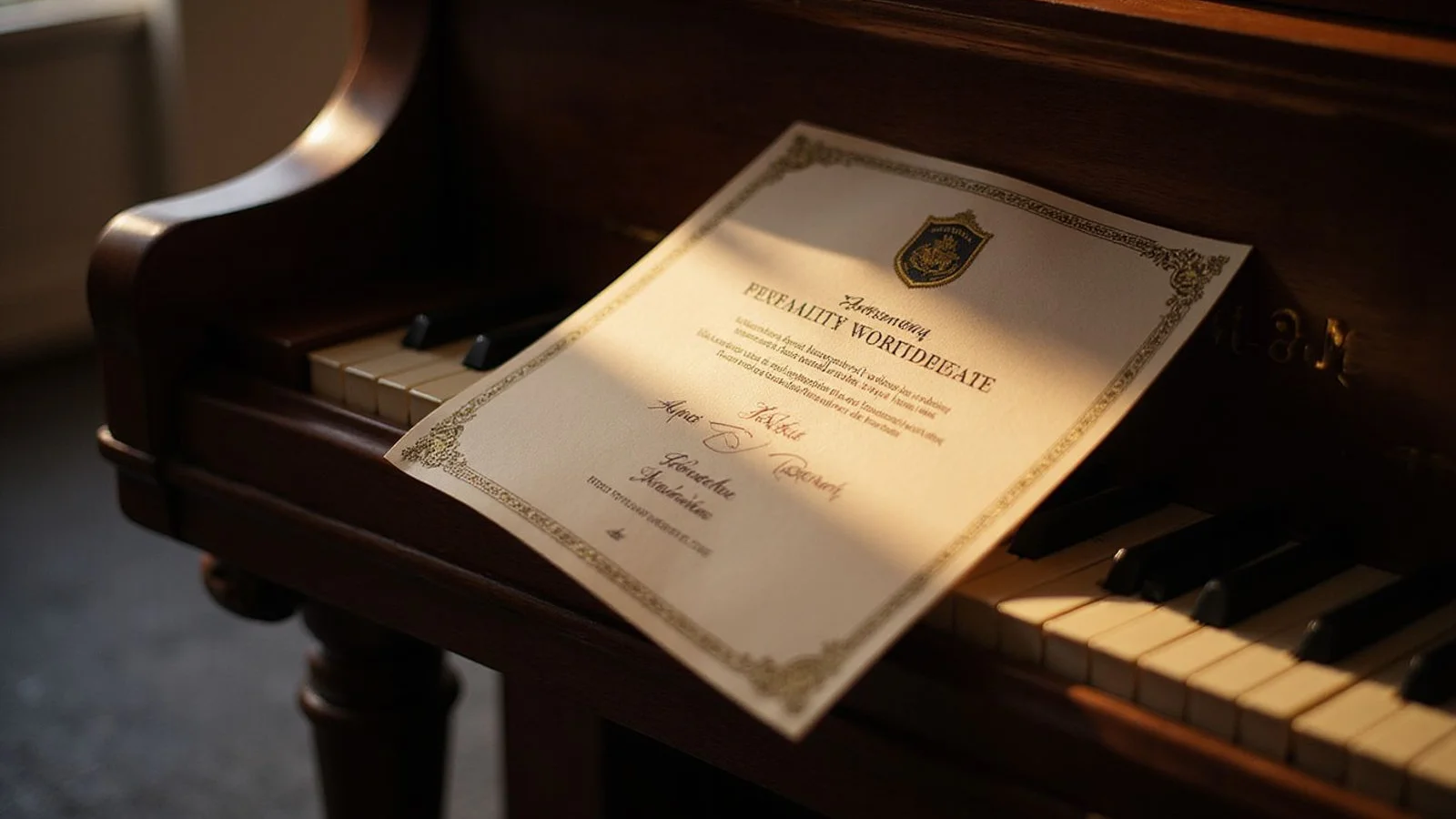 Warranty documentation beside an upright piano