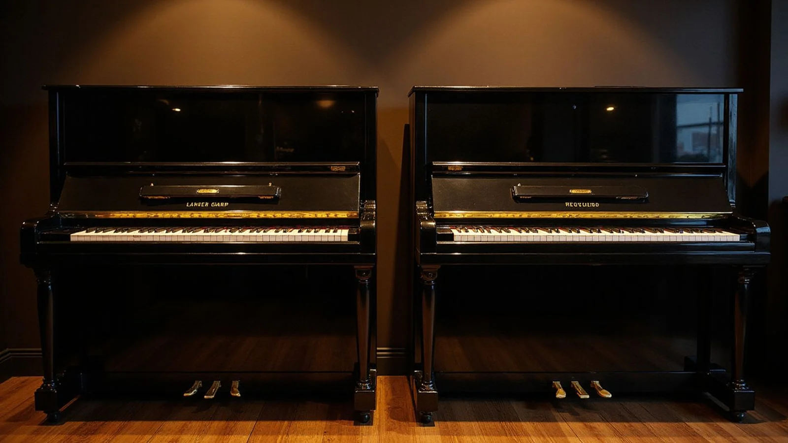 Yamaha and Kawai upright pianos side by side in the showroom