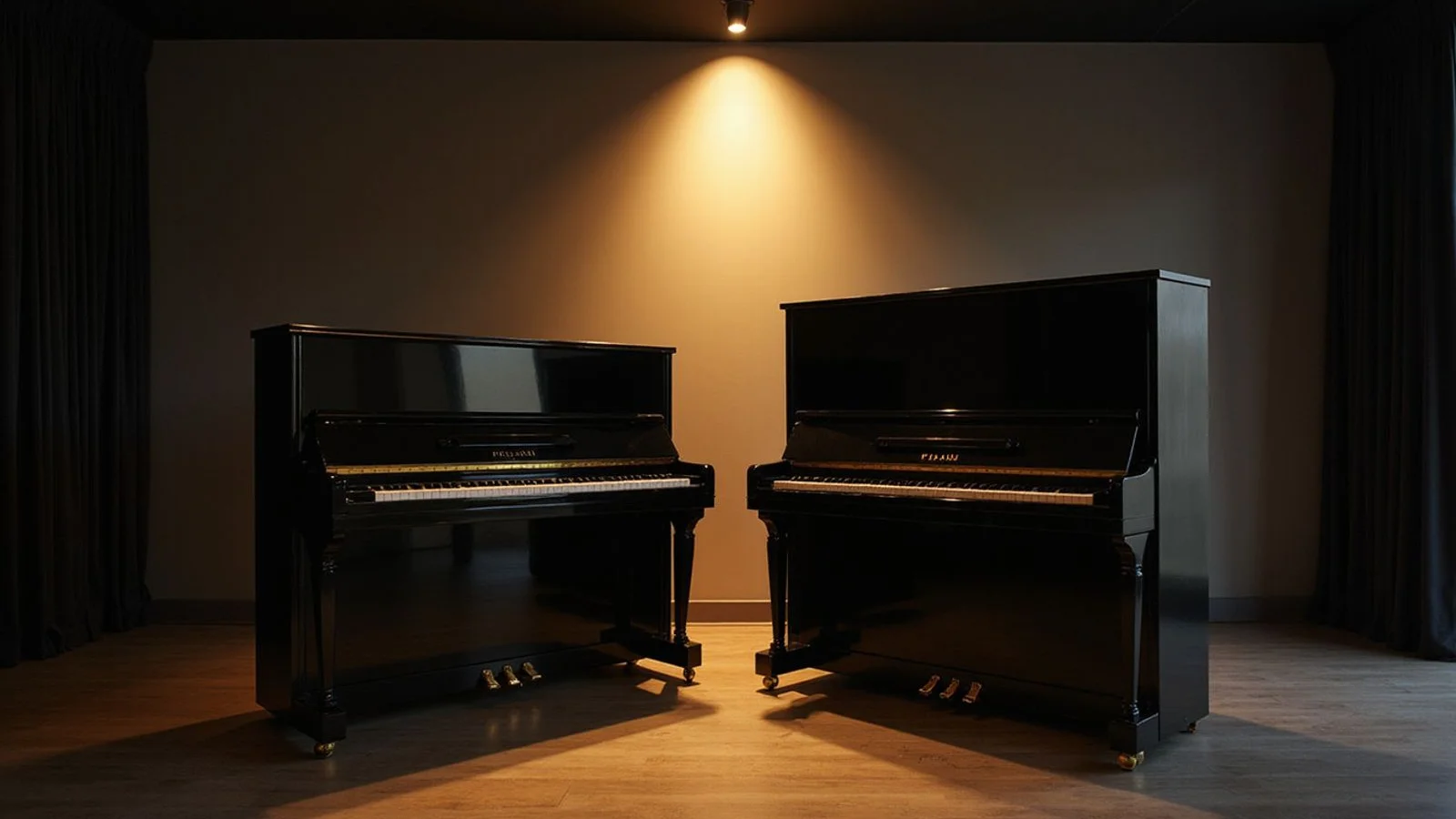 Yamaha U1 and U3 upright pianos side by side in the Keys & Co. showroom