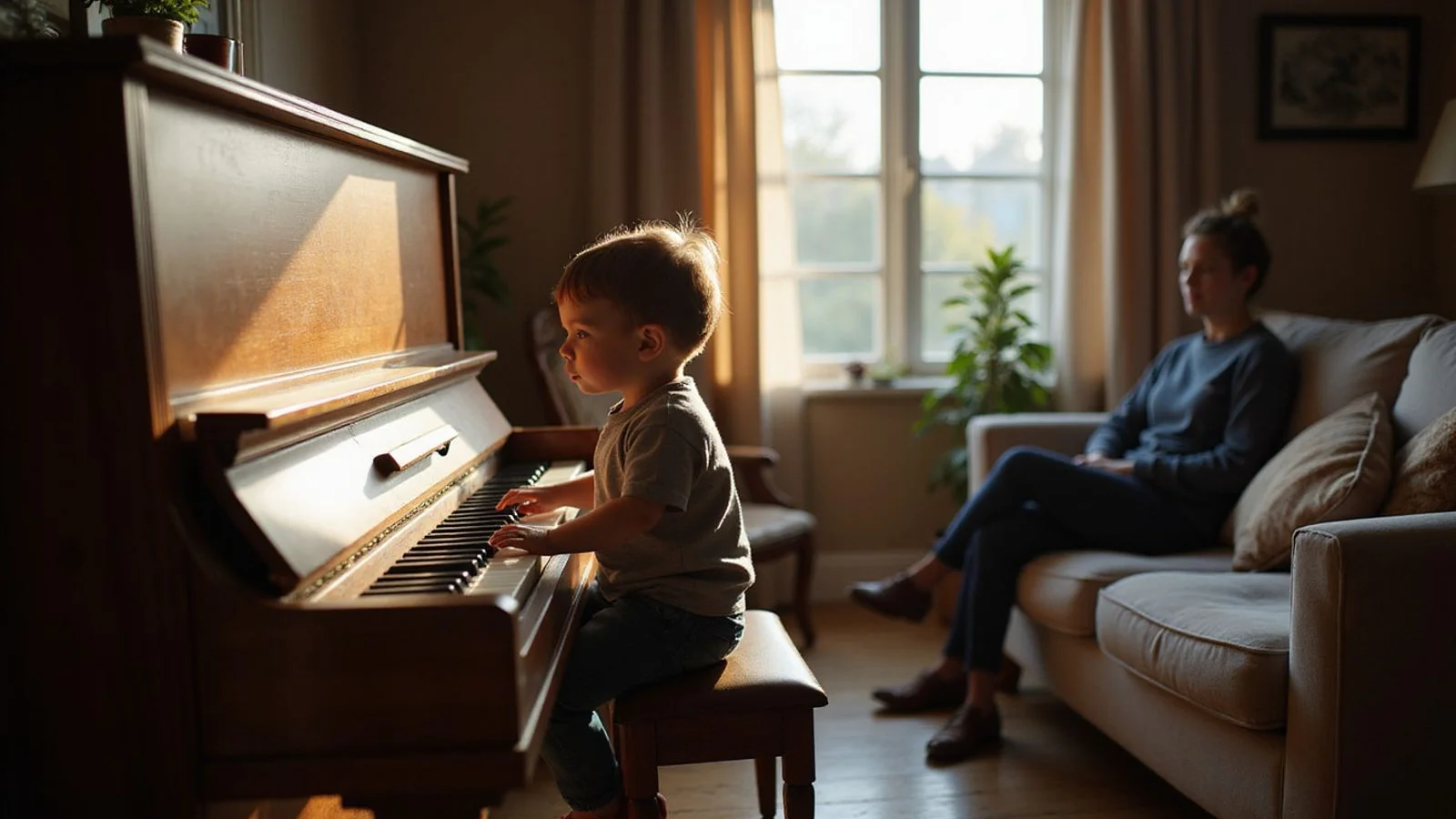 A young child playing an upright piano at home